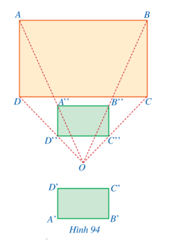 Trong Hình 94, hình chữ nhật ABCD có  AB = 9 cm, AD = 6 cm; hình chữ nhật A’B’C’D’ có A’B’ = 3 cm, A’D’ = 2 cm; hình chữ nhật A’’B’’C’’D’’ có A’’B’’ = 3 cm, A’’D’’ = 2 cm. Quan sát Hình 94 và cho biết: a) Hai hình chữ nhật A’’B’’C’’D’’, ABCD có đồng dạng phối cảnh hay không. (ảnh 1)