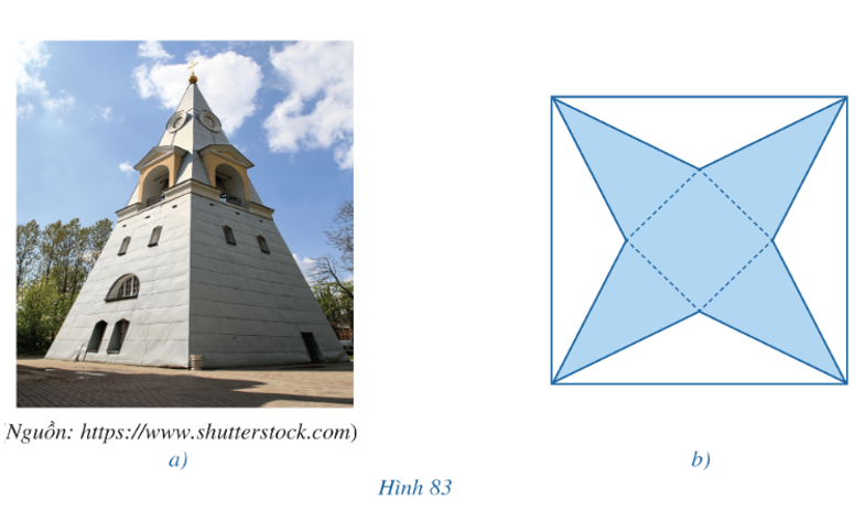 Để tạo mô hình một tháp chuông ở Hình 83a từ một tấm bìa hình vuông, bạn Dũng cắt bỏ phần màu trắng gồm bốn tam (ảnh 1)