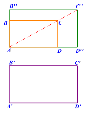 Cho hai hình chữ nhật ABCD và A’B’C’D’ có A'B'/B'C'= AB/ BC  Trên các tia AB, AC, AD ta lần lượt lấy các điểm B’’, C’’, D’’sao cho   Chứng minh: a) Hình chữ nhật AB’’C’’D’’ đồng dạng phối cảnh với hình chữ nhật ABCD; (ảnh 1)