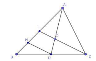 Cho tam giác ABC. Trên cạnh BC lấy điểm D sao cho BC = 2BD. Trên đoạn AD lấy điểm O sao cho (ảnh 1)