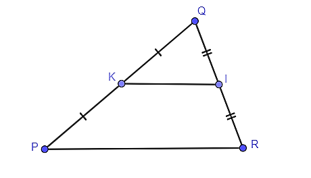 Cho tam giác PQR, gọi I, K lần lượt là trung điểm của QR, QP. Khẳng định nào sau đây là đúng? (ảnh 1)