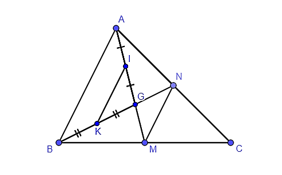 Cho tam giác ABC, các đường trung tuyến AM, BN cắt nhau tại G. Gọi I và K lần lượt là trung điểm của GA và GB. Khẳng định nào sau đây là đúng? A. IK // MN; B. IK = MN; C. Cả A và B đều đúng; D. Cả A và B đều sai. (ảnh 1)