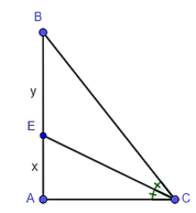 Cho tam giác ABC có CE là đường phân giác góc ACB (E ∈ AB). Biết AB = 8 cm, AC = 6 cm, BC = 10 cm, AE = x cm, EB = y cm. Giá trị của x và y lần lượt là: A. 5; 4; B. 3; 7; C. 5; 3; D. 3; 5. (ảnh 1)