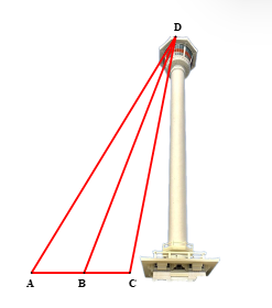 Một người đứng đỉnh tháp Busan (điểm D) quan sát ba điểm thẳng hàng A, B, C lần lượt là chân ba cột đèn sao cho A, B, C thẳng hàng (như hình dưới đây). Người đó nhận thấy góc nhìn đến hai điểm A, B thì bằng góc nhìn đến hai điểm B, C, (ảnh 1)