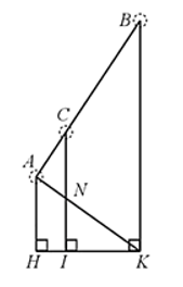 Ở một nhà máy, người ta dùng một băng chuyền để chuyển nguyên vật liệu. Ba vòng quay A, B, C của băng chuyền đặt cách mặt đất ở các độ cao lần lượt là AH = 5 (m), CI = 8 (m), BK = x (m) (Hình 16). Tính x, biết     (ảnh 2)