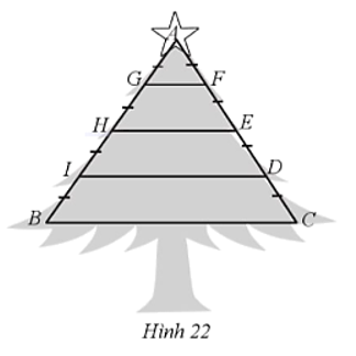 Để làm cây thông noel, người ta hàn một khung sắt có dạng hình tam giác cân ABC (AB = AC = 2 m) cùng các thanh sắt nằm ngang GF, HE, ID, BC và sau đó gắn cây thông như Hình 22. Tính số tiền sắt cần sử dụng để làm cây thông noel đó.  Biết giá một mét sắt là 55 000 đồng và AG = GH = HI = IB, CD = DE = EF = FA, thanh GF dài 0,2 m. (ảnh 1)