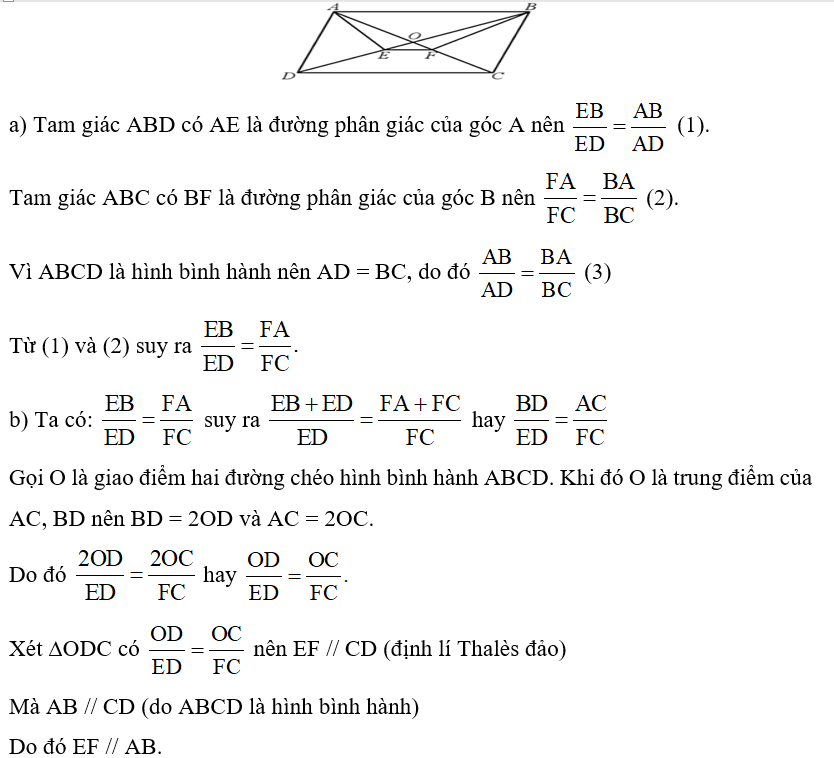 Cho hình bình hành ABCD. Đường phân giác của góc A cắt BD tại E, đường phân giác của góc B cắt AC tại F. Chứng minh: (ảnh 1)