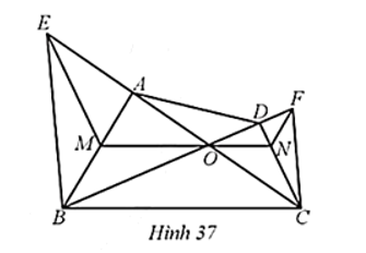 Trong Hình 37, cho O là giao điểm hai đường chéo AC và BD của tứ giác ABCD. Kẻ một đường thẳng tuỳ ý đi qua O và cắt cạnh AB tại M, CD tại N. Đường thẳng qua M song song với CD cắt AC tại E và đường thẳng qua N song song với AB cắt BD tại F. Chứng minh: a) ∆OBE ᔕ ∆OFC; b) BE // CF. (ảnh 1)
