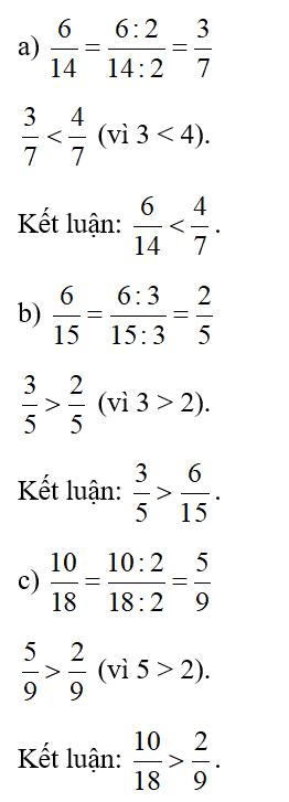 Rút gọn rồi so sánh hai phân số: a) 6/ 14 và 4/7    b) 3/5 và 6/15   c) 10/18 và 2/9 (ảnh 2)