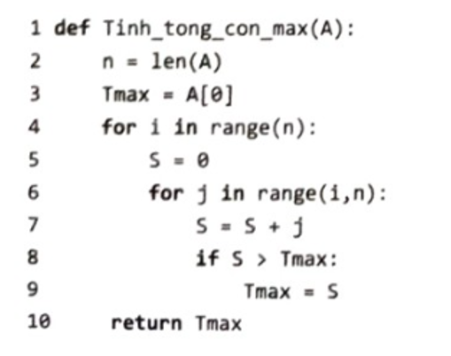 Đánh giá thời gian chạy của chương trình sau tính theo đơn vị thời gian, A là một dãy số cho trước có n phần tử. (ảnh 1)
