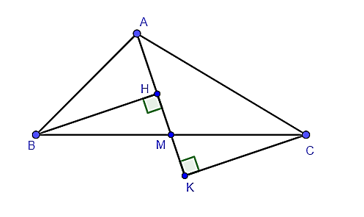 Cho tam giác ABC có AM là đường trung tuyến. Kẻ BH và CK lần lượt vuông góc với AM (hình bên dưới) (ảnh 1)