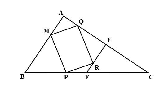 Cho tam giác ABC có E, F lần lượt là trung điểm của BC, AC. Các điểm M, P, R, Q lần lượt nằm trên  (ảnh 1)