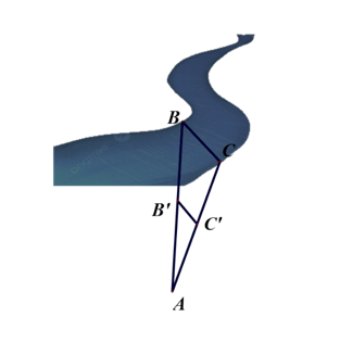 Trong hình vẽ bên, độ rộng của khúc sông được tính bằng khoảng cách giữa hai vị trí B và C. Chọn các vị trí (ảnh 1)