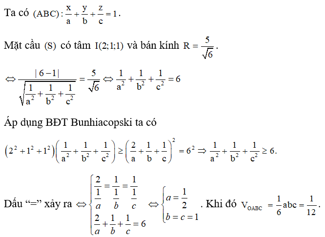 Trong không gian với hệ tọa độ Oxyz, cho điểm A( a;0;0),B(0;b;0), C( 0;0;;c) , trong đó (ảnh 1)