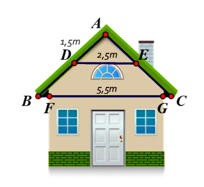 Một ngôi nhà có thiết kế mái như hình bên và có các số đo như sau: AD = 1,5 m, DE = 2,5 m, BF = GC = 1 m (ảnh 1)