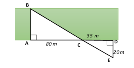 Cho hình vẽ, biết AC = 80 m; CD = 35 m; DE = 20 m. Chiều rộng AB của khúc sông (làm tròn đến hàng phần mười) là (ảnh 1)