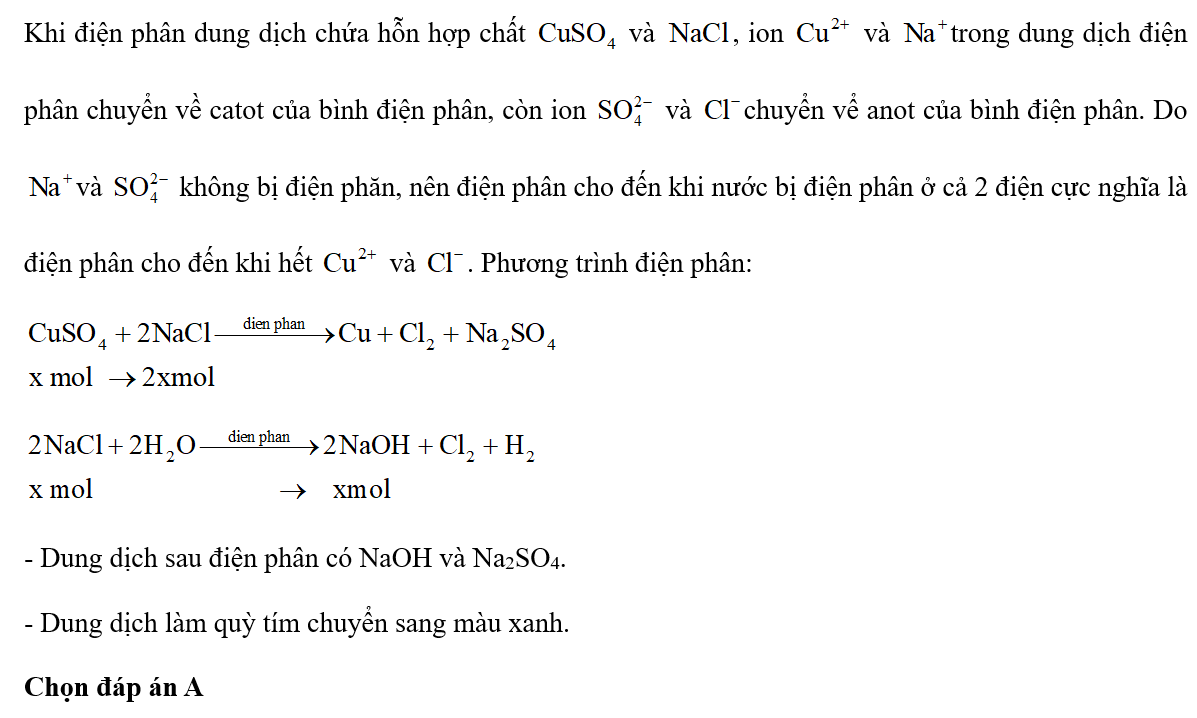 Sinh viện đó tiếp tục đię̂n phân dung dịch chứa hỗn hợp chất  CuSO4 x mol và NaCl 3x mol (ảnh 1)