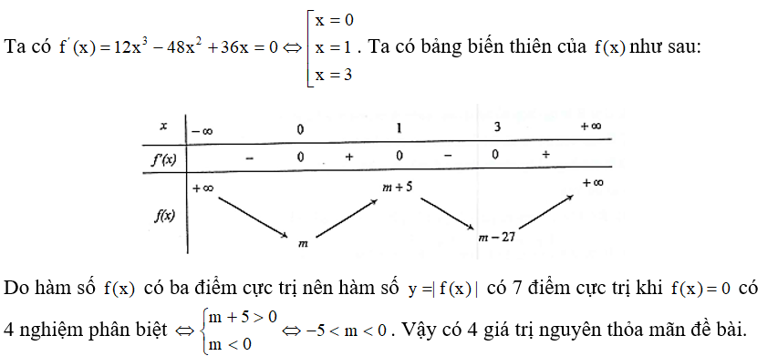 Cho hàm số f(x)= 3x^4 -16x^3 +18x^2 +m . Có bao nhiêu giá trị nguyên của tham số m để hàm số y = trị f(x)  có 7 điểm cực trị?? (ảnh 1)