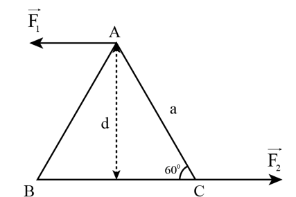 Một vật rắn phẳng, mỏng có dạng một tam giác đều ABC, cạnh a = 20 cm. Người ta tác dụng một ngẫu lực nằm trong mặt phẳng của tam giác. Các lực này có độ lớn 8 N và đặt vào hai đỉnh A và C và song song với BC. Xác định moment của ngẫu lực. A. 13,8 N.m. B. 138 N.m. C. 0,138 N.m. D. 1,38 N.m. (ảnh 1)