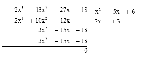 Cho hình hộp chữ nhật có thể tích bằng (−2x3 + 13x2 − 27x + 18) và diện tích đáy bằng (x2 − 5x + 6). Chiều cao của hình hộp chữ nhật là A. 3x + 3; B. −2x + 3; C. 2x + 2; D. x + 3. (ảnh 1)