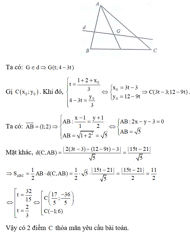 Trong mặt phẳng hệ tọa độ Oxy, có bao nhiêu điểm C thỏa mãn tam giác ABC với A(-1;1) B(2;1)  có diện tích bằng 11/2  và trọng tâm G thuộc đường thẳng   ? (ảnh 1)
