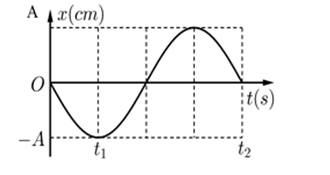 Một vật dao động điều hòa trên trục  Ox  Hình bên là đồ thị biểu diễn sự phụ thuộc của li độ  x vào thời gian t. Biết rằng t2-t1=0,75s Khi x = 3 cm thì gia tốc của vật là (ảnh 1)