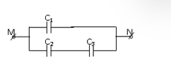 Một mạch điện như hình vẽ, C1 = 3 μF, C2 = C3 = 4 μF. Tính điện dung của bộ tụ:   A. 3 μF. 	 B. 5 μF. C. 7 μF. 	 D. 12 μF. (ảnh 1)