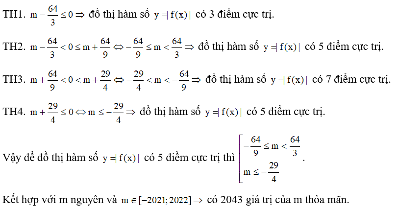 Cho hảm số y = môdun 9/4 x^4 -3x^3 -8x^2 +16+m . Có bao nhiêu giá trị nguyên củam thuộc [ -2021; 2022]  sao cho đồ thị hàm số có 5 điểm cực trị?? (ảnh 2)