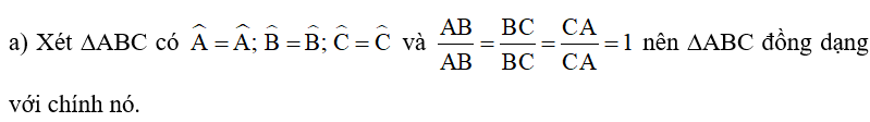 Từ định nghĩa hai tam giác đồng dạng, hãy cho biết: a) Mỗi tam giác có đồng dạng với chính nó hay không; (ảnh 1)