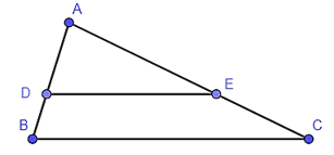 Cho tam giác ABC có AB = 8 cm, AC = 12 cm, điểm D thuộc cạnh AB sao cho AD = 5 cm. Kẻ DE // BC (E ∈ AC). Độ dài EC là A. 6,4 cm; B. 5 cm; C. 4,5 cm; D. 5,4 cm. (ảnh 1)
