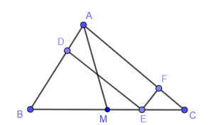 Cho tam giác ABC có trung tuyến AM và điểm E thuộc đoạn thẳng MC. Qua E kẻ đường thẳng song song với AC, cắt AB tại D và kẻ đường thẳng song song với AB, cắt AC tại F. (ảnh 1)