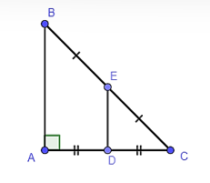 Cho tam giác ABC vuông cân tại A. Gọi D và E lần lượt là trung điểm của AC và BC. Tính độ dài AC, biết DE = 5 cm. A. 5 cm; B. 9 cm; C. 15 cm; D. 10 cm. (ảnh 1)