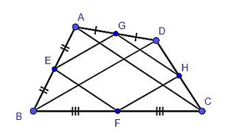 Cho tam giác ABC trên nửa mặt phẳng bờ AC không chứa điểm B lấy điểm D bất kì. Gọi E, F, G, H lần lượt là trung điểm của AB, BC, AD, DC. Khi đó EF + FH + HG + GE bằng A. AB + AD; B. BC + AD; C. AC + BD; D. BD + DC. (ảnh 1)