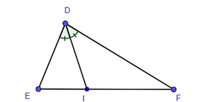 Cho tam giác DEF có DI là đường phân giác của góc EDF (I ∈ EF). Biết DE = 5 cm, EF = 9 cm, DF = 8 cm. Tỉ số diện tích của hai tam giác DEI và DFI là: (ảnh 1)