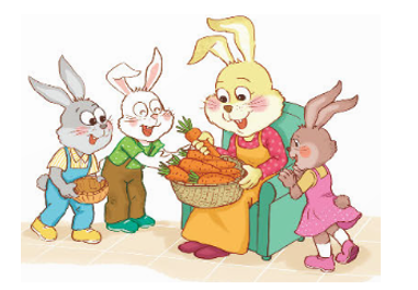 Thỏ mẹ chia một giỏ cà rốt cho các con. Thỏ nâu được 5/10 giỏ, thỏ xám được (ảnh 1)