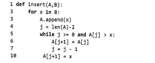 Cho trước hai dãy số A, B, trong đó dãy A đã được sắp xếp đúng. Viết chương trình mô tả hàm (ảnh 1)