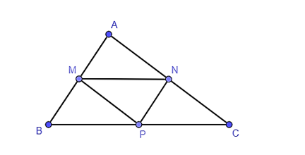 Cho tam giác ABC có M, N, P lần lượt là trung điểm các cạnh AB, AC, BC. Trong hình vẽ được có bao nhiêu cặp tam (ảnh 1)