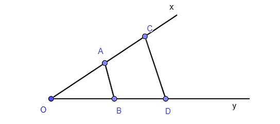 Cho góc xOy khác góc bẹt. Trên Ox lấy các điểm A và C, trên Oy lấy các điểm B và D (ảnh 1)