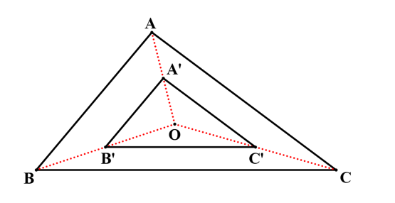 Cho tam giác ABC với trọng tâm O. Lấy điểm A', B', C' lần lượt là trung điểm của các đoạn thẳng OA, OB, OC. Khẳng định nào sau đây là đúng? (ảnh 1)