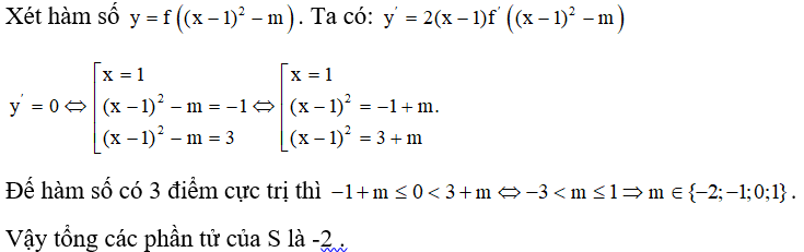 Cho hàm số bậc ba y=f(x)  có đồ thị như hình vẽ. Gọi s là tập hợp tất cả các giá trị nguyên của tham số m để hàm số   có 3 điểm cực trị. Tồng các phần tử của S bằng bao nhiêu?   (ảnh 2)