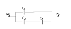 Một mạch điện như hình vẽ trên, C1 = 3 μF, C2 = C3 = 4 μF. Nối hai điểm M, N với hiệu điện thế 10V. Điện tích trên mỗi tụ điện là:   A. q1 = 5 μC; q2 = q3 = 20 μC. B. q1 = 30 μC; q2 = q3 = 15 μC. C. q1 = 30 μC; q2 = q3 = 20 μC. D. q1 = 15 μC; q2 = q3 = 10 μC. (ảnh 1)