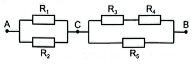 Cho mạch điện như Hình vẽ. Giá trị các điện trở: R1= R3=R5=1ôm, R4=2ôm . Biết dòng điện chạy qua điện trở   R4 là  1A.  a) Tính điện trở của đoạn mạch AB. (ảnh 1)