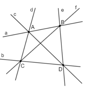 Có bao nhiêu đường thẳng trong hình vẽ sau?   A. 3; B. 4; C. 5; D. 6. (ảnh 1)