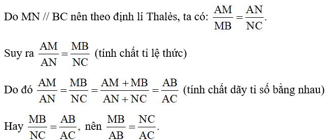 Trong Hình 4, chứng tỏ rằng nếu MN // BC thì MB/AB =NC/AC   (ảnh 2)