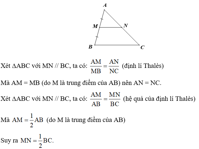 Cho tam giác ABC có M là trung điểm của AB, điểm N thuộc cạnh AC thoả mãn MN // BC. Chứng minh NA = NC và MN=1/2BC (ảnh 1)