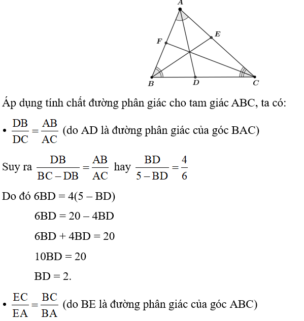 Cho tam giác ABC có ba đường phân giác AD, BE, CF. Biết AB = 4, BC = 5, CA = 6. Tính BD, CE, AF. (ảnh 1)