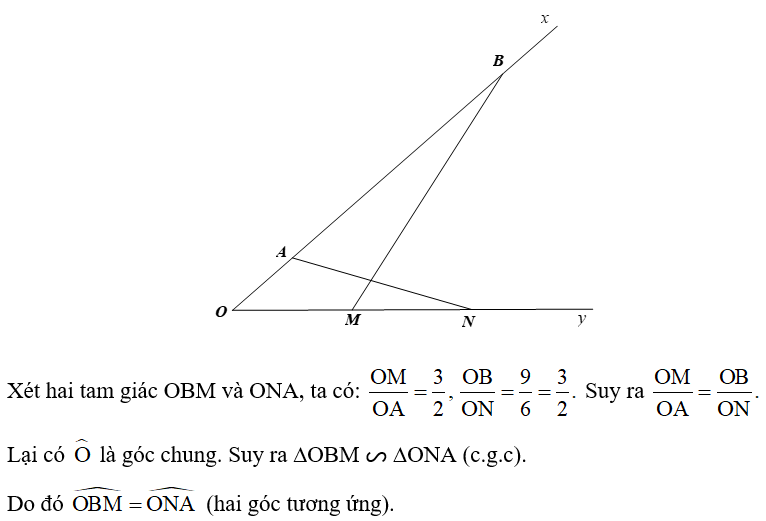 Cho góc xOy. Trên tia Ox lấy các điểm A, B sao cho OA = 2 cm, OB = 9 cm. Trên tia Oy lấy các điểm M, N sao cho OM = 3 cm, ON = 6 cm. Chứng minh   (ảnh 1)