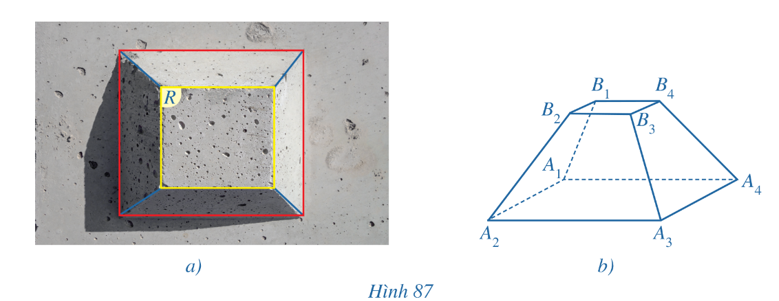 Khối bê tông ở Hình 87a gợi nên hình ảnh một hình chóp bị cắt đi bởi mặt phẳng (R) song song với đáy. Hình 87b là (ảnh 1)
