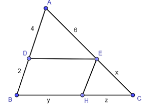 Cho hình vẽ, biết DE // BC, EH // AB và BC = 12. Độ dài x, y, z trong hình lần lượt là:   A. x = 3; y = 8; z = 4; B. x = 3; y = 4; z = 8; C. x = 4; y = 8; z = 3; D. x = 8; y = 4; z = 3. (ảnh 1)