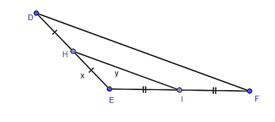 Cho hình vẽ, biết DE = 8 cm, DF = 14 cm. Giá trị x + y bằng   A. 22 cm; B. 12 cm; C. 11 cm; D. 18 cm. (ảnh 1)